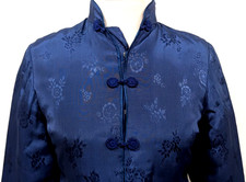 Vtg PLUM BLOSSOMS Women's ORIENTAL JACKET Top Navy Chinese Floral Size S EUC