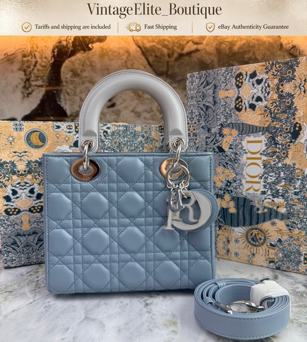 Dior Lady Small Blue Leather Gold HW Shoulder Bag Preowned Authentic Classic