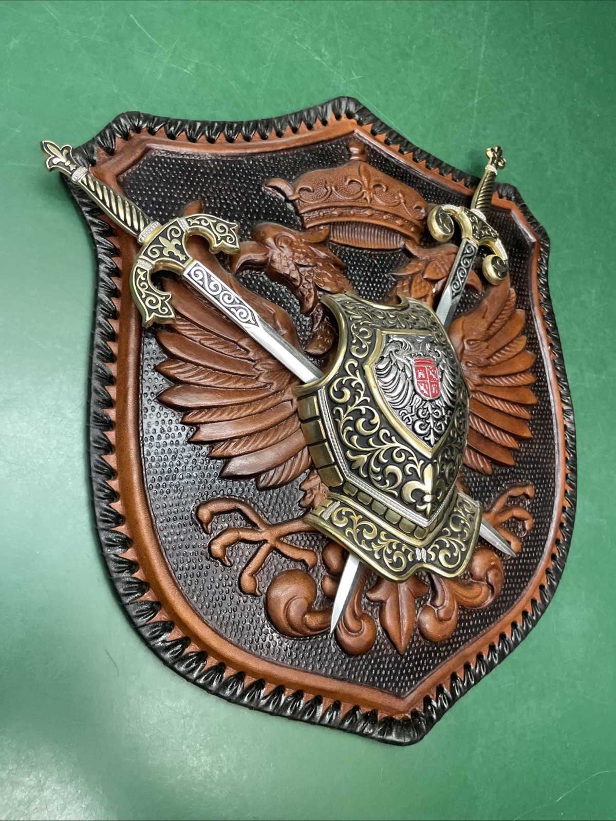 Vintage Armor And Swords Shield Coat Of Arms On Leather Scroll W/ Eagle - Spain