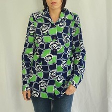 70s Blue and Green Groovy Rose Print Dagger Collar Shirt
