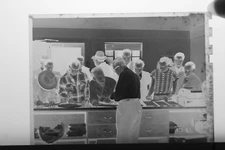 (1) B&W Press Photo Negative Group Men in Line Counter Signing Documents - T4153
