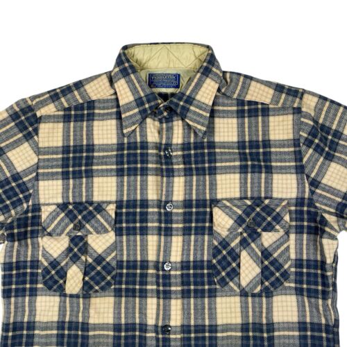 VTG Pendleton Distressed Beige & Blue Plaid Wool Button Up Shirt FLAW USA Size M - Picture 2 of 16