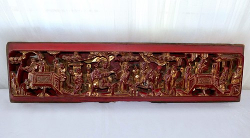 Qing Chinese Hand Carved Red Gold-Gilt High Relief Heavy Wood Temple Scene Panel - Picture 2 of 14
