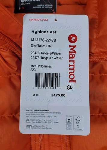 Marmot Men's Highlander Puffer Down Vest Size Large Tangelo Orange/Grey NEW - 第 7/12 張圖片
