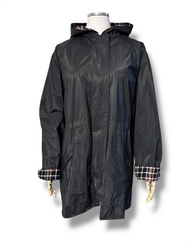 TOTES Women’s Plaid Flannel Lined Black Hooded Full Zip Raincoat Medium - Picture 10 of 10