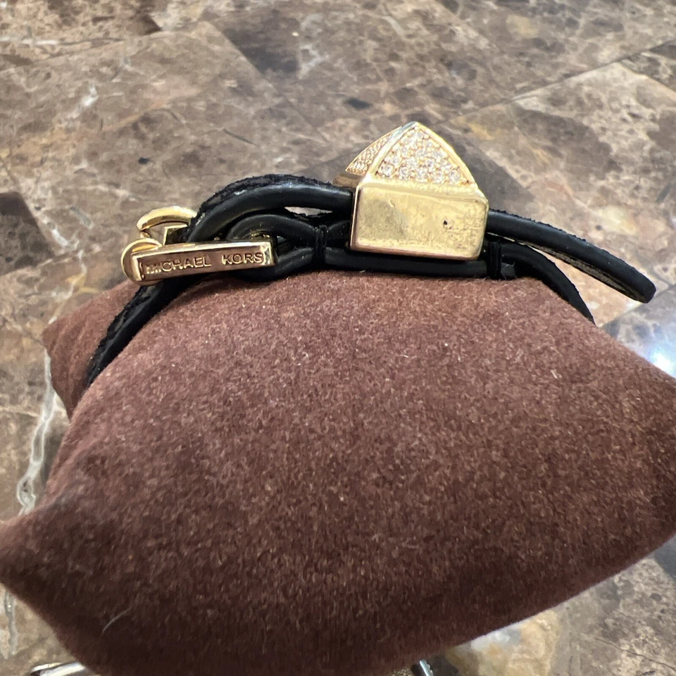 Michael Kors Black Leather Double Wrap Bracelet with Gold Rhinestone Stud Accent - Image 3 of 4