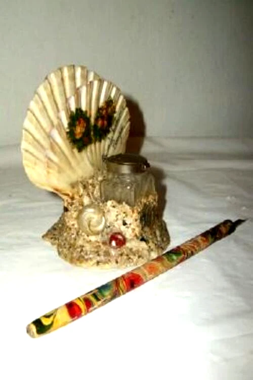 СТАРИННЫЙ ИТАЛЬЯНСКИЙ ЧЕРНИЛЬНИЦА РАКУШКА ПИСЬМО ДЕРЖАТЕЛЬ POMPEII МРАМОР ДЕРЕВА DIP РУЧКА 1900 - Изображение 3 из 4