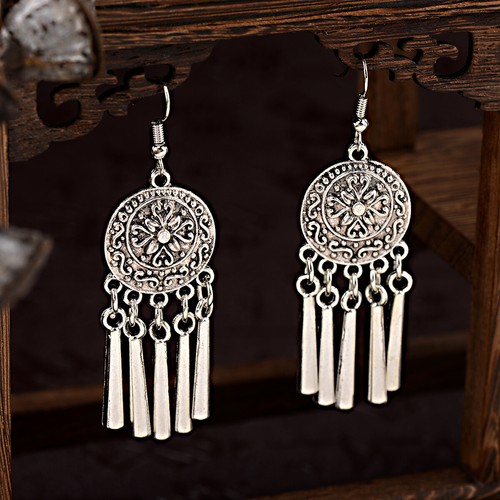 Vintage Tibetan Carved Tassel Earrings Women's Boho Ear Hook Drop Dangle Jewelry - Picture 25 of 55