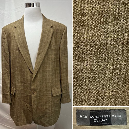 Hart Schaffner Marx 50L Tan Plaid 2-Button Men's Wool Sport Coat Blazer Jacket - 第 1/7 張圖片