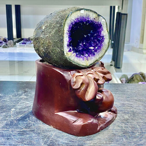 6.09LB Uruguay Natural Amethyst Money Bag Cave Decoration+Bracket - Picture 3 of 15