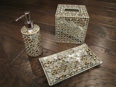 3 Soap Pump Tray Tissue Pieces Details about   Mosaic Gold/Silver Bathroom Accessory Set
