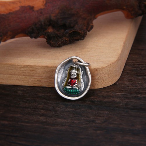 Women Men Pure S999 Fine Silver Lucky Enamel Retro Buddha DIY Small Pendant - Picture 1 of 6