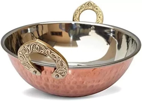 Copper Hammered Kadhai Pan For Cooking & Serving, 9 inch With Brass Handles - Picture 5 of 9