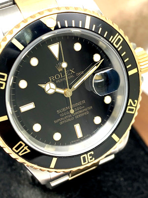 Rolex Men's Watch 16613 Submariner Automatic Black Dial Two Tone 18k Gold Steel