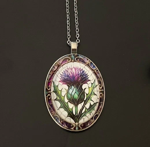 Vintage Style Scottish Purple Thistle Cabochon Necklace- Brand New — 第 2/4 张图片