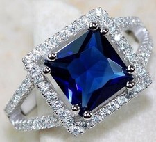 3CT Treated Blue Sapphire  White Topaz 925 Sterling Silver Ring Sz 7 UB3-4