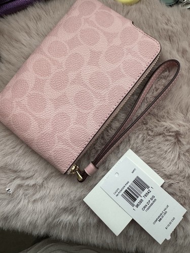 Coach CAQ75 Corner Zip Wristlet In Signature Canvas In Gold/Powder Pink NWT - Picture 7 of 8