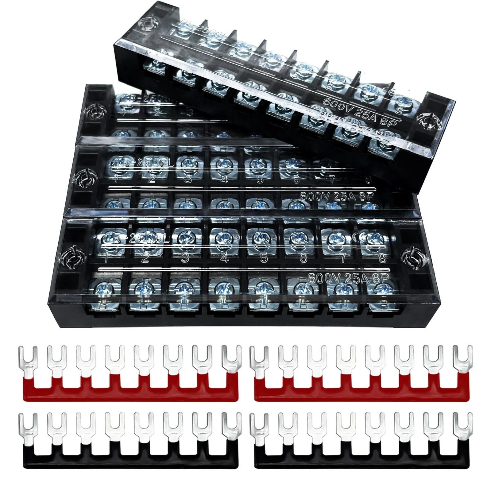 4 Sets 25A 8 Position 600V Dual Row Terminal Blocks with Covers Jumper Bars