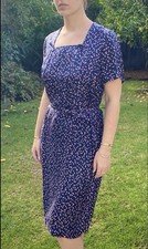 True Vintage 50s L 100 Silk Dress Matching Belt Navy Pink