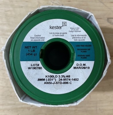 Kester 24-9574-1402 Wire Solder, Rosin Core, LF, K100LD 3.3% / .031'' dia / 1 lb.