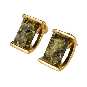 Authentic 18K Gold Plated Sterling Silver Baltic Green Amber Stud Earrings, Bullet Clutch