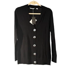 Lady Hathaway Black Cardigan Long Line Silver Buttons Long Sleeve Size Large NEW