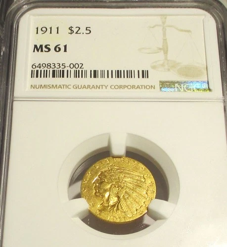 1911 INDIAN HEAD $2.5 QUARTER EAGLE GOLD COIN NGC MS61 RARE US COIN.