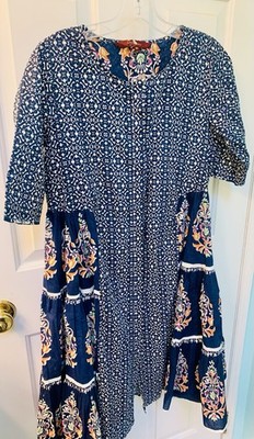 Unique Boho Blue And White Floral Shirt Dress - Size L