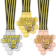 3 PCS Spelling Bee Honeycomb Trophy Award Medals Neck Ribbon 3.2x2.8 Inch