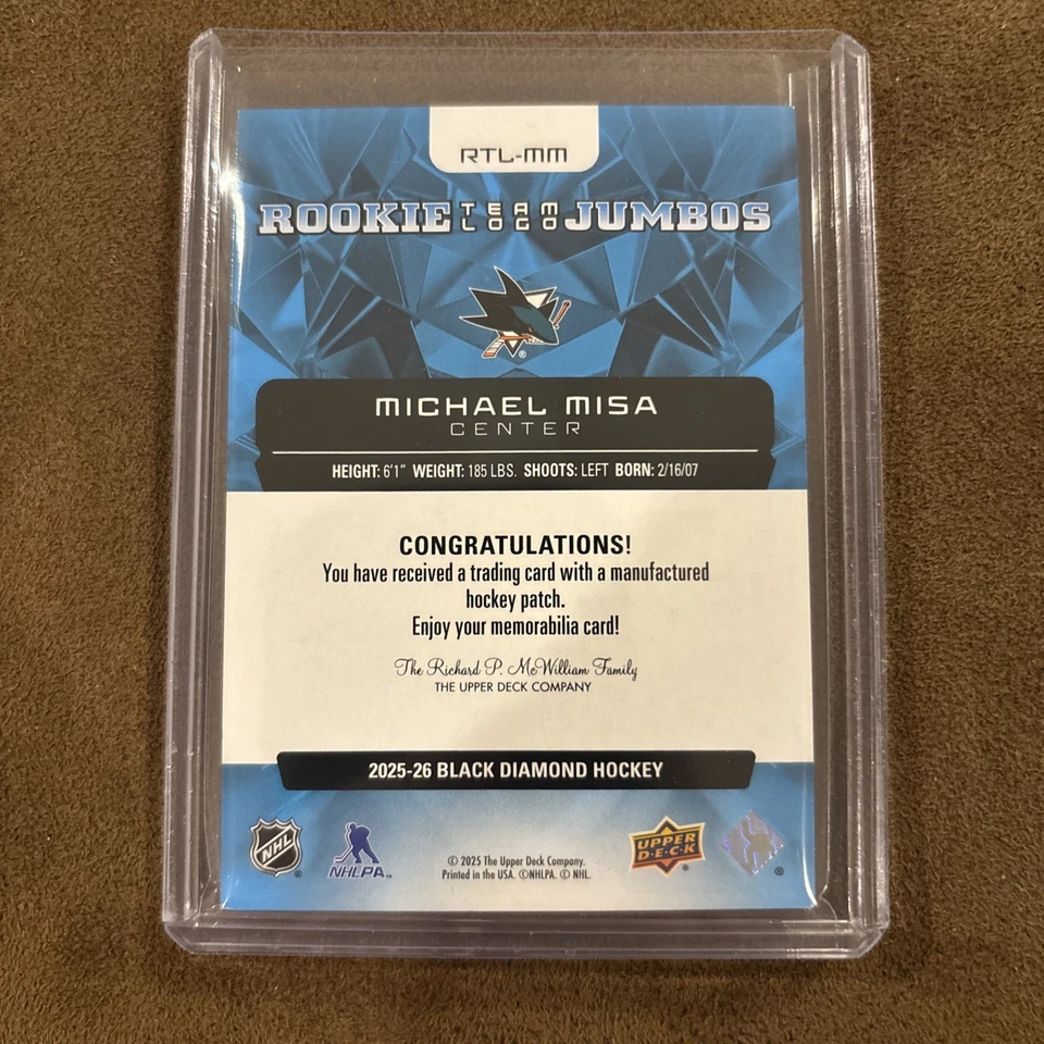 2025-26 Black Diamond Michael Misa Rookie Team Logo Jumbo RC San Jose sharks  - Image 2 of 2