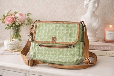 Fossil Green Floral Crossbody Bag Canvas Leather Trim Key Charm Purse