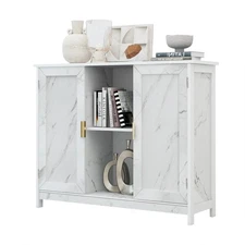 Marble Top Narrow Sideboard Cabinet,Modern White Marble Side Buffet Cabinet w...