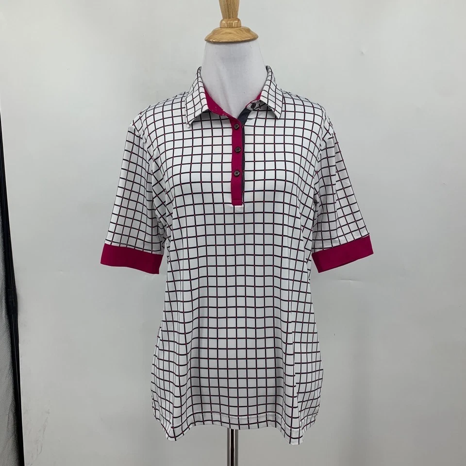 Polo deportivo Haley para mujer M mediano blanco rosa manga corta a cuadros golf Foto 2 de 4