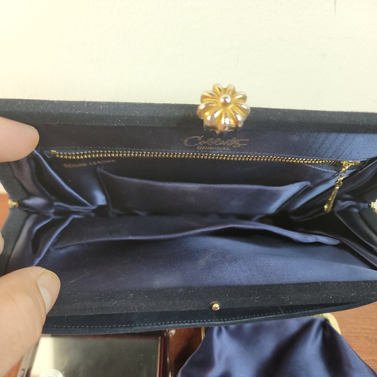 Bruningtons レザーケース アンティーク Vintage Coblentz Black suede leather purse turtoise mirror