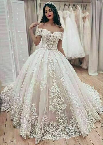 Vestidos de novia con hombros descubiertos apliques de encaje de novia vestidos de baile personalizados Foto 2 de 4