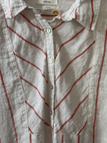 C & C California Women’s L Red White Stripe 1/2 Button Up LINEN Blouse Beach Top - Picture 3 of 7