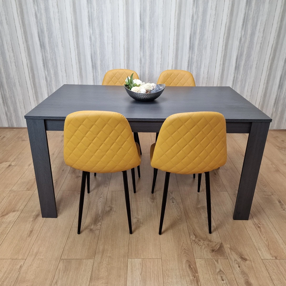 Dark Grey Dining Table with 4 Mustard Stitched Chairs Dining Room