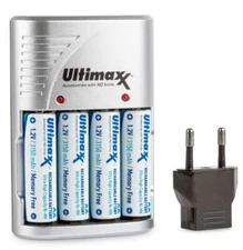 Ultimaxx 4 AA 3150 mAh NiMH Rechargeable Batteries with Travel Charger Adapter