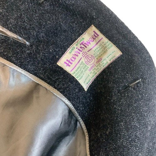 VTG 50s HARRIS TWEED CHARCOAL FLECK WOOL OVERCOAT SATIN LINED L 42 - Picture 2 of 7