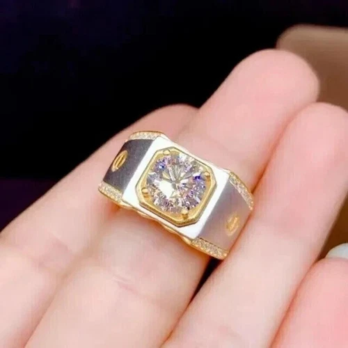 2 Ct Round Real Moissanite Men's Solitaire Wedding Ring 14K Yellow Gold Plated