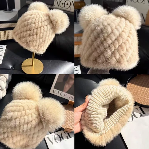 Damen Echt Nerz Pelzmütze Beanie Winter warm Strick Outdoor Mütze mit Fuchspelz Ball - Bild 8 von 24