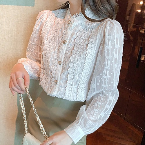 トップス samoyed Princess Shirring Lace Blouse Double Lace Shirring Princess Sleeve Blouse (2022) by