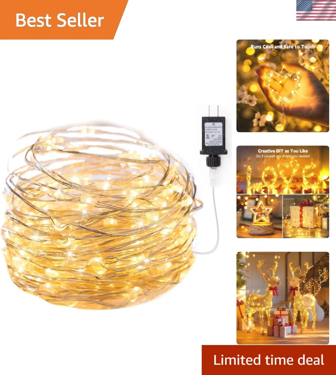 Fairy Lights Plug in, 33Ft 100 LEDs Waterproof Silver Wire Firefly Lights, Ad...