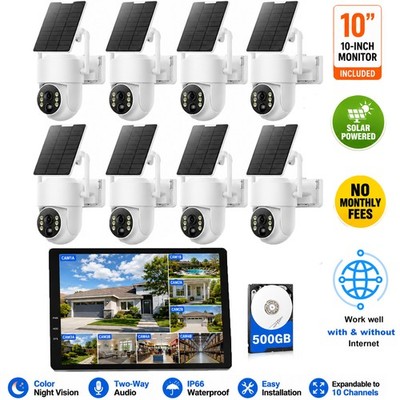 4MP Solar Wireless Security Camera System 10CH NVR 10'' Monitor 2 4 8 PTZ Cameras