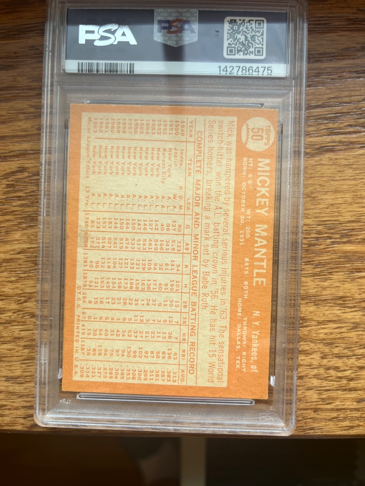 1964 Topps Mickey Mantle #50 PSA 5 Yankees view 2
