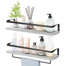 2 PCS Bathroom Shelves Towel Bar Floating Kitchen Bedroom Wood Black Metal