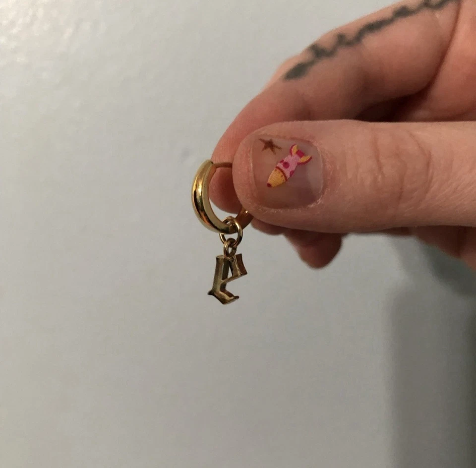 Bingbang NYC Drew Huggie Hoop Gothic Letter E Charm Gold Vermeil Sterling Silver - Image 4 of 4