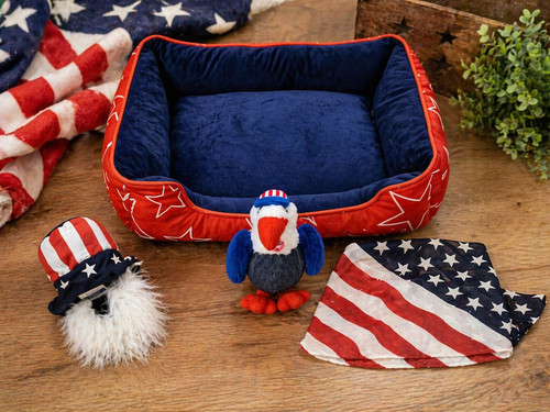 4th of July Pet Bundle Dog Bed Top Paw + Eagle Toy Costume Hat Bandana USA