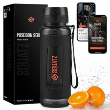 SQUATZ 1100ml. Sports Water Bottle w/ Strainer, BPA Free, Leak Proof -Black