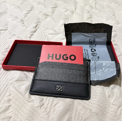 HUGO Men's Black Stacked Logo Monogram Card Holder Wallet Credit Card Case